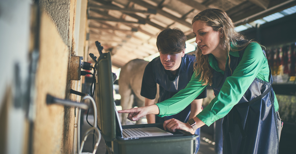 vet and boy in barn